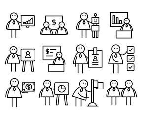 business people in various activities; businessman and flag, robot, money, id card, check marks, and presenting with chart