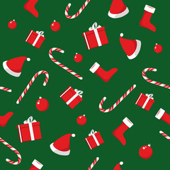 seamless christmas pattern with christmas socks, christmas hats, candy canes, balls and gift boxes