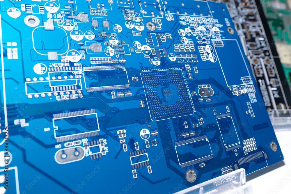 Poster blank motherboard for a computer. blue circuit board close up. motherboard computer board without pr