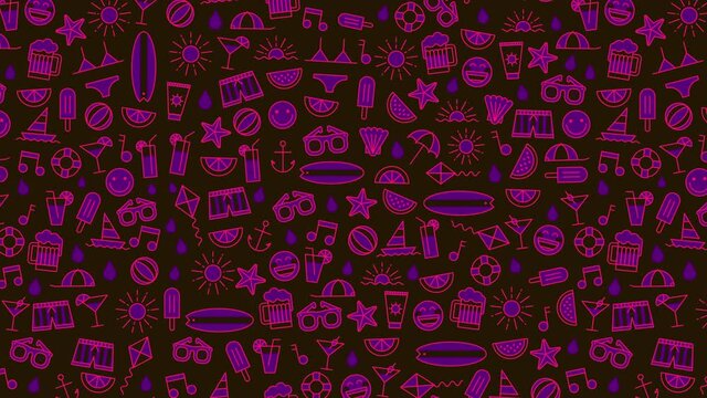 Colorful summer icon background animation moving diagonally. 4k. Seamless loop.