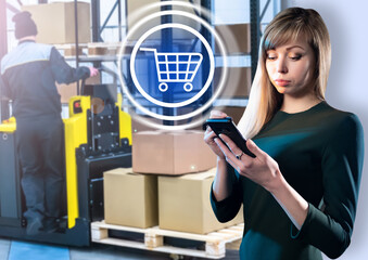 Businesswoman. Head of the online store. Logo with a supermarket trolley next to a Businesswoman. A woman runs online retail. Girl with the phone is in stock. A man loads boxes on an electric muck