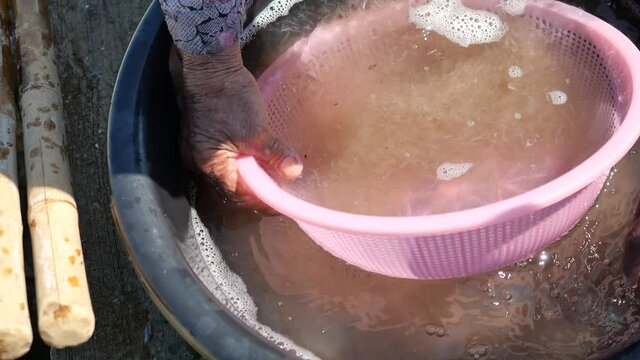 The fishermen wash and filter group of fresh Krill or Opossum shrimp with clean water, Plankton that fishermen trap for cooking in Thailand