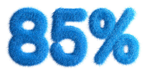 85% made from fur, fur font, 3d alphabet. Special offer eighty-five percent off discount tag. 3d illustration.	
