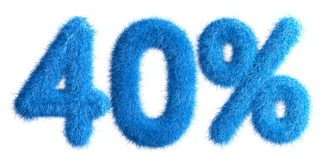 40% made from fur, fur font, 3d alphabet. Special offer forty percent off discount tag. 3d illustration.	