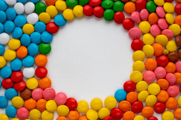 Colorful candies abstract background, copy space. Sweets texture. Top view, flat lay