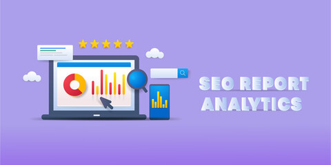 SEO analytics report, big data dashboard, business graph monitoring, web traffic visitor on laptop and smartphone screen. 3d style illustration background.