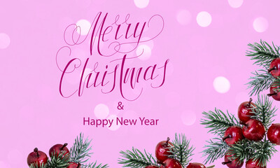 Happy New Year and Merry Christmas! card, banner, flat lay, with text - Merry Christmas,  On a pink background