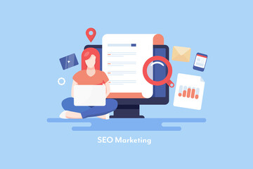 Businesswoman doing seo marketing from laptop. Digital marketing professional - online business optimization concept. Flat design vector illustration.