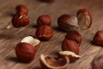 structural nuts with shells on a vintage wooden table