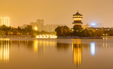 Fototapeta na wymiar At night, the city skyline is in Taiyuan, Shanxi Province, China