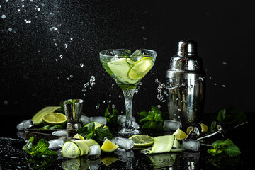 Infused water with cucumber, lime and mint for diet healthy eating and weight loss. fresh drink with liquid splash, freeze motion in jar glass on dark background