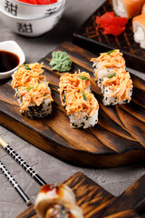 Still life with appetizing rolls. Japanese food concept. Close-up.