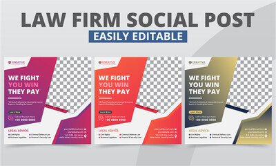 Law Firm Social Media Post Banner templates for Lawyer promo Legal vector sets. Premium Quality Geometric Identity Judicial Prosecution Social Layout square flyer & Web Ads with photo collage.