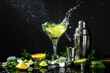 Lemon Frozen Granita Slush Drink in glasses. Italian Granita Dessert, refreshing summer Slush Drink with liquid splash, freeze motion in jar glass on dark background