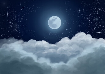 Naklejka na ściany i meble Starry night sky full moon over the clouds, oil painting illustration