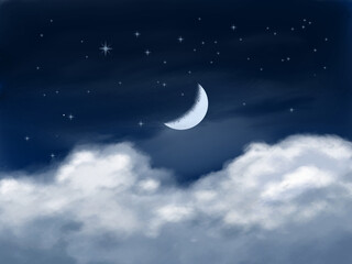 Obraz na płótnie Canvas Sky with moon, clouds and stars, oil painting illustration