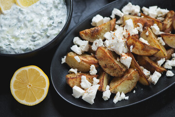 Close-up of a black plate with greek style potato wedges, feta cheese and tzatziki dip, studio shot