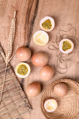 Fresh passion fruit on wooden background, Tropical fruit, Top view