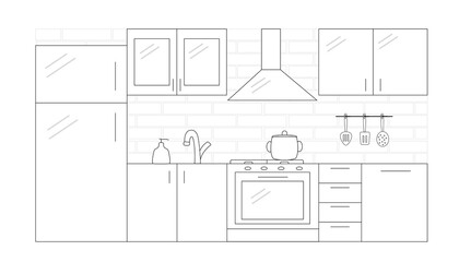 Outline of the kitchen set, kitchen furniture design. Flat style vector illustration.