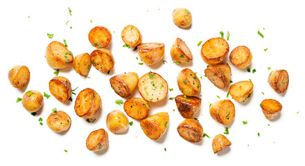 Roasted baby potatoes isolated on white background. top view