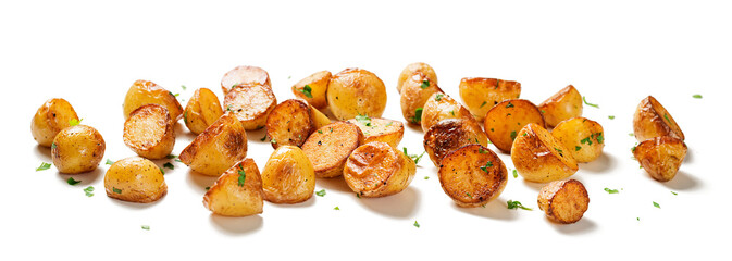 Roasted baby potatoes isolated on white background. 