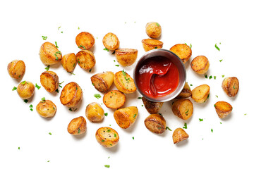 Roasted baby potatoes with tomato sauce, isolated on white background. top view