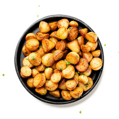 Roasted baby potatoes in iron skillet.isolated on white background