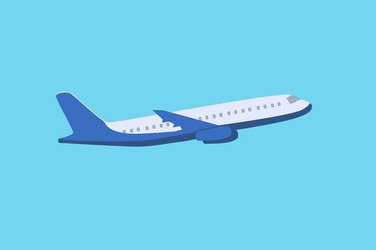 Passenger plane in flight on a blue background. Vector illustration of an airplane.