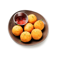 Homemade Fried Risotto Arancini stuffed with mushroom and parmesan cheese, served with tomato sauce.isolated on white background