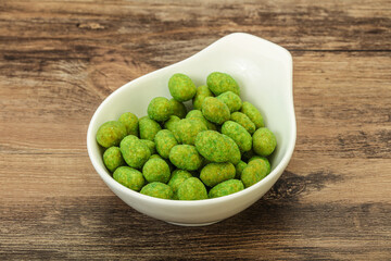Spicy wasabi peanuts in the bowl