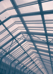 Roof structure. Building abstract. A bird flying over glass roof. Toned image.