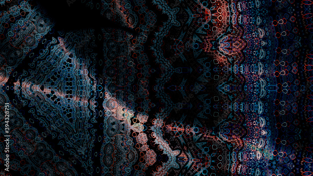 Poster abstract texture of a smooth shiny fabric with a small oriental pattern on a dark background, 3d ren