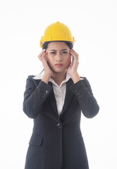 Young engineer woman wear black suit and yellow safety helmet on isolated white background.
