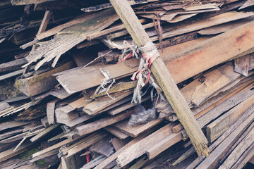 Pile of old wooden planks. Toned image. 
