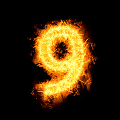 Fototapeta premium Flaming 9 on black background. Stylized number design