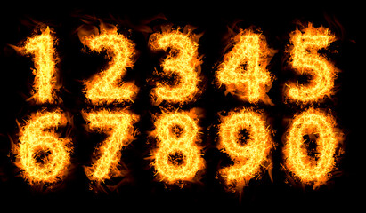 Set of flaming numbers on black background © New Africa