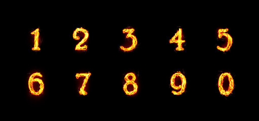 Set of flaming numbers on black background
