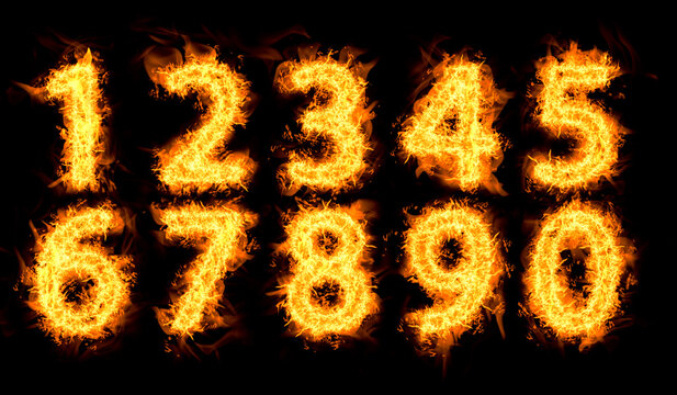 Set of flaming numbers on black background