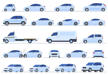 Set of different cars, sedan, hatchback, SUV, station wagon, sports car, super cars, vector illustration