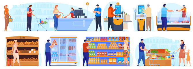 Supermarket, shopping. People stand in line at the checkout. People at the shelves in the supermarket choose the product, self-cooling. Vector illustration