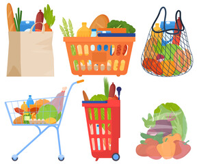 Shopping sets, in baskets, packages, trolleys, vegetables, meat, sausages, bread, milk, oil. Vector illustration