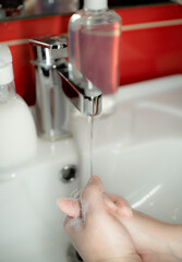 Prevention of coronavirus-destruction of pathogenic bacteria. Wash your hands with liquid soap