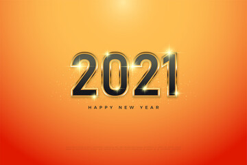 Happy new year. with the numbers 2021 black with gold stripe on the orange background.

