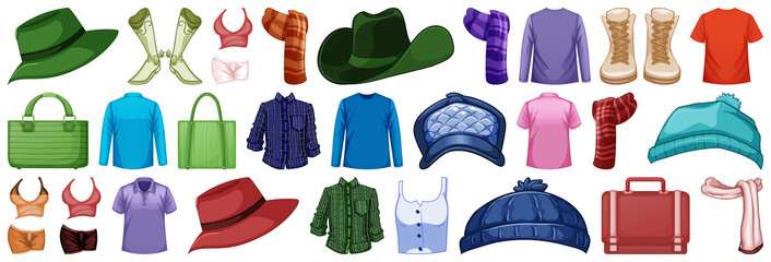 Set of fashion outfits and accessories on white background
