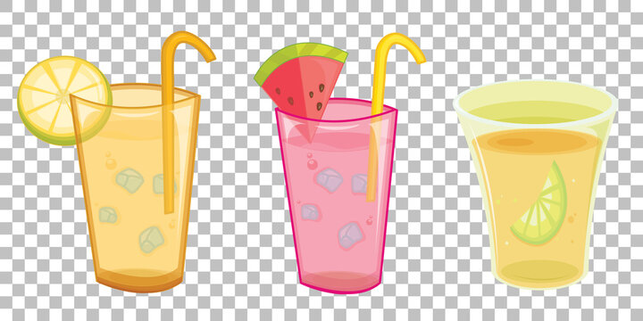 Set of different types of fresh drinks isolated on transparent background