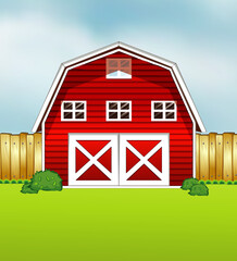 Red barn cartoon style on green and sky background © GraphicsRF