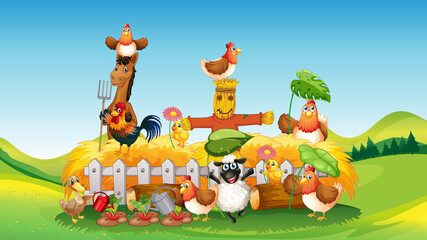 Farm scene with animal farm cartoon style