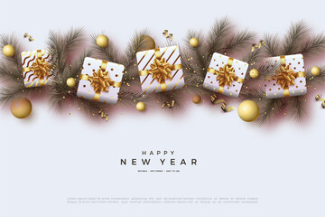 Happy new year. with 3d gift box and pine leaves.
