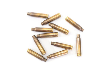 empty cases for carbine and rifle isolated on white background. Shooting ammunition, close-up.