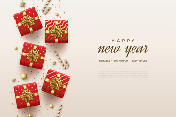 Fototapeta na wymiar Happy new year. with red 3d gift box on white background. 